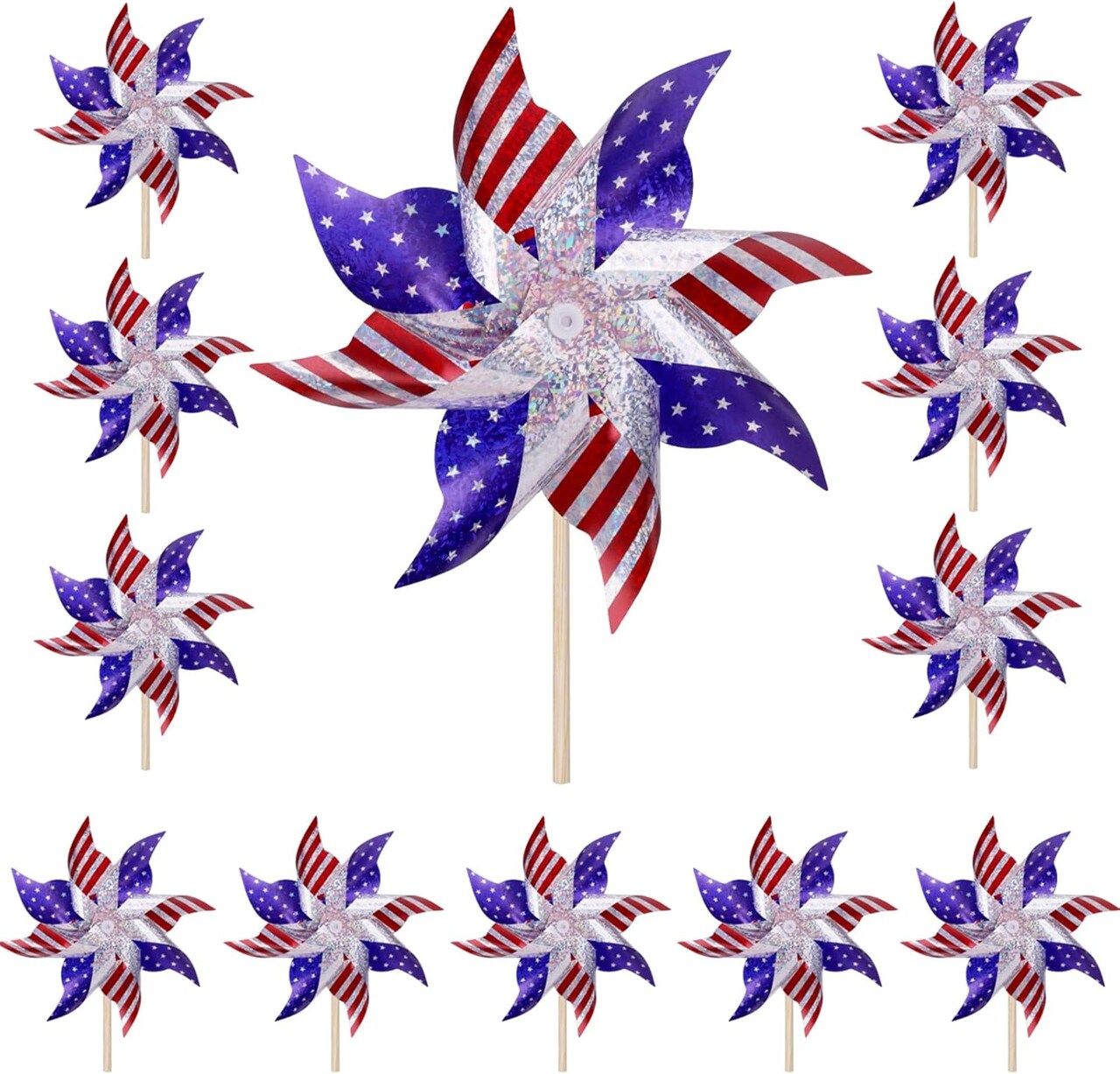 Patriotic Reflective Pinwheels 12 Pack - Red White and Blue American Flag Wind Spinners for 4th of July Decorations, Memorial Day Garden Decor, Outdoor Windmills with Sturdy Wooden Stakes for Yard & Lawn